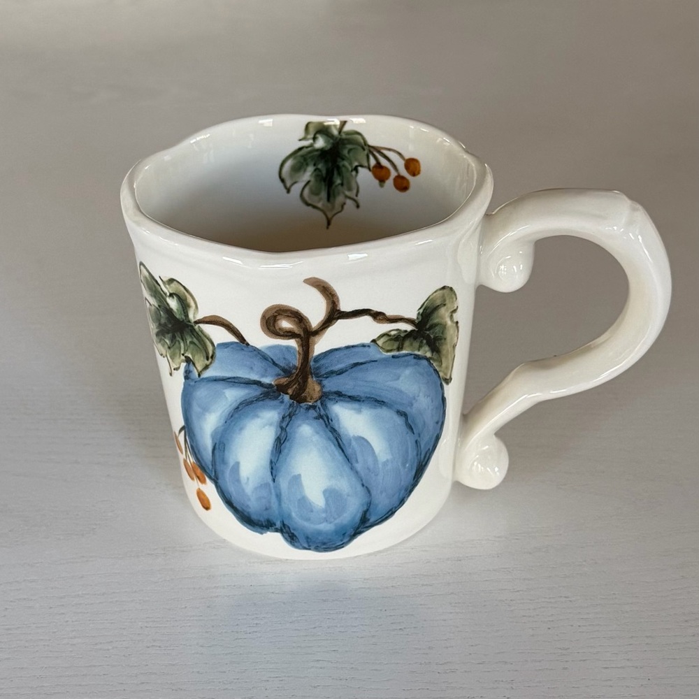 Hand Painted XL Ceramic Blue Pumpkin Coffee Mug, 16oz, NEW